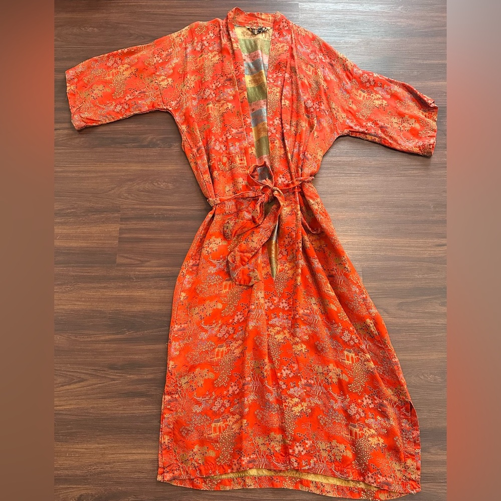 Vintage Peony Red-Orange Kimono Robe from Shanghai with Tie Waist - Medium